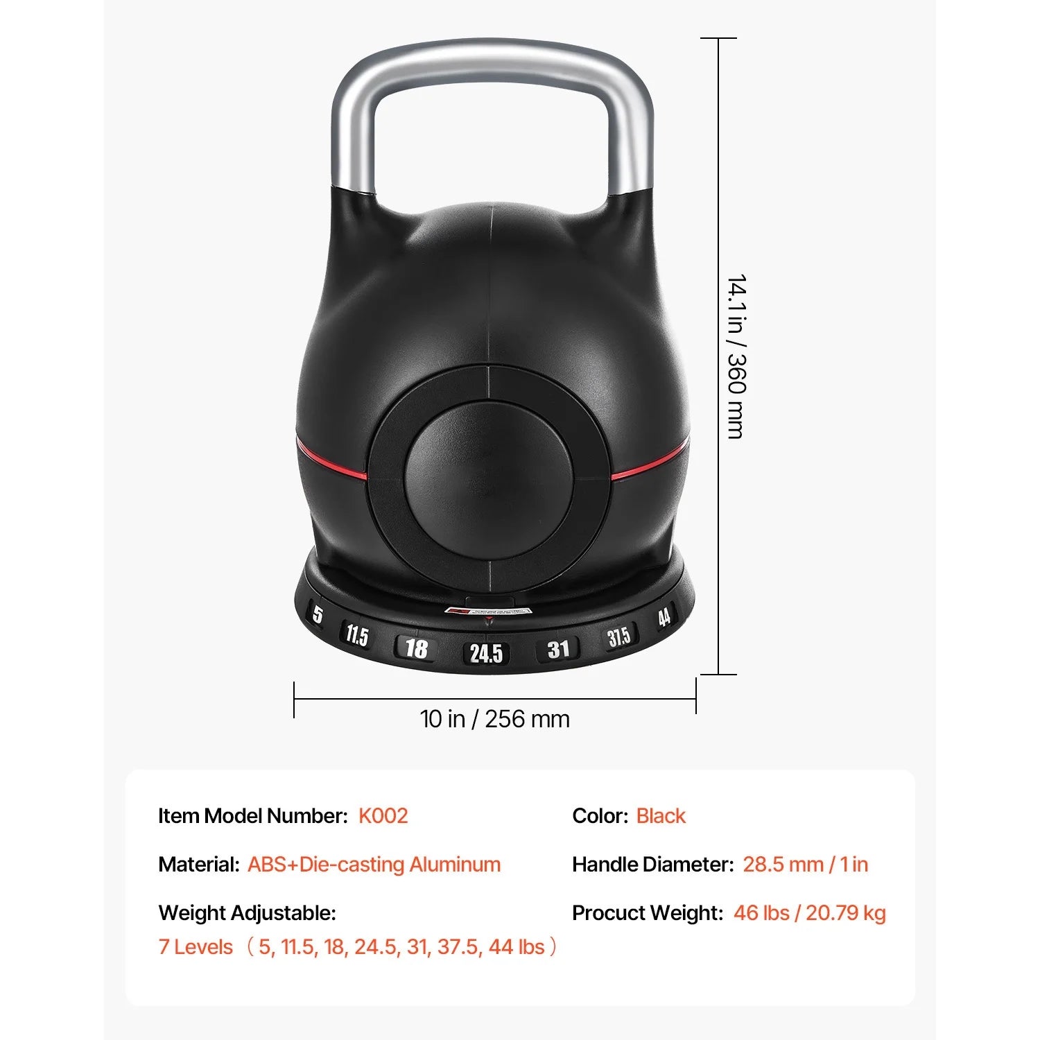 Adjustable Kettlebell with 7 Weight Options (5, 11.5, 18, 24.5, 31, 37.5, 44 Lbs), Crafted from Die-Cast Aluminum and ABS, Ideal for Grip Strength, Full-Body Exercise, and Cross-Training